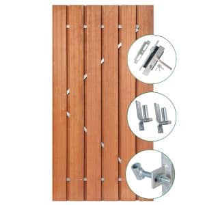 Privacy tuinpoort van geschaafd hardhout met een robuust RVS stalen frame en een volledig gesloten uitvoering voor optimale privacy.